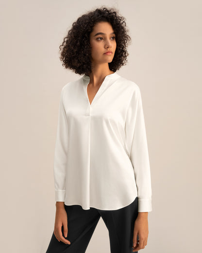 Chemise en soie à col fendu Loungeful Blanc naturel XXL