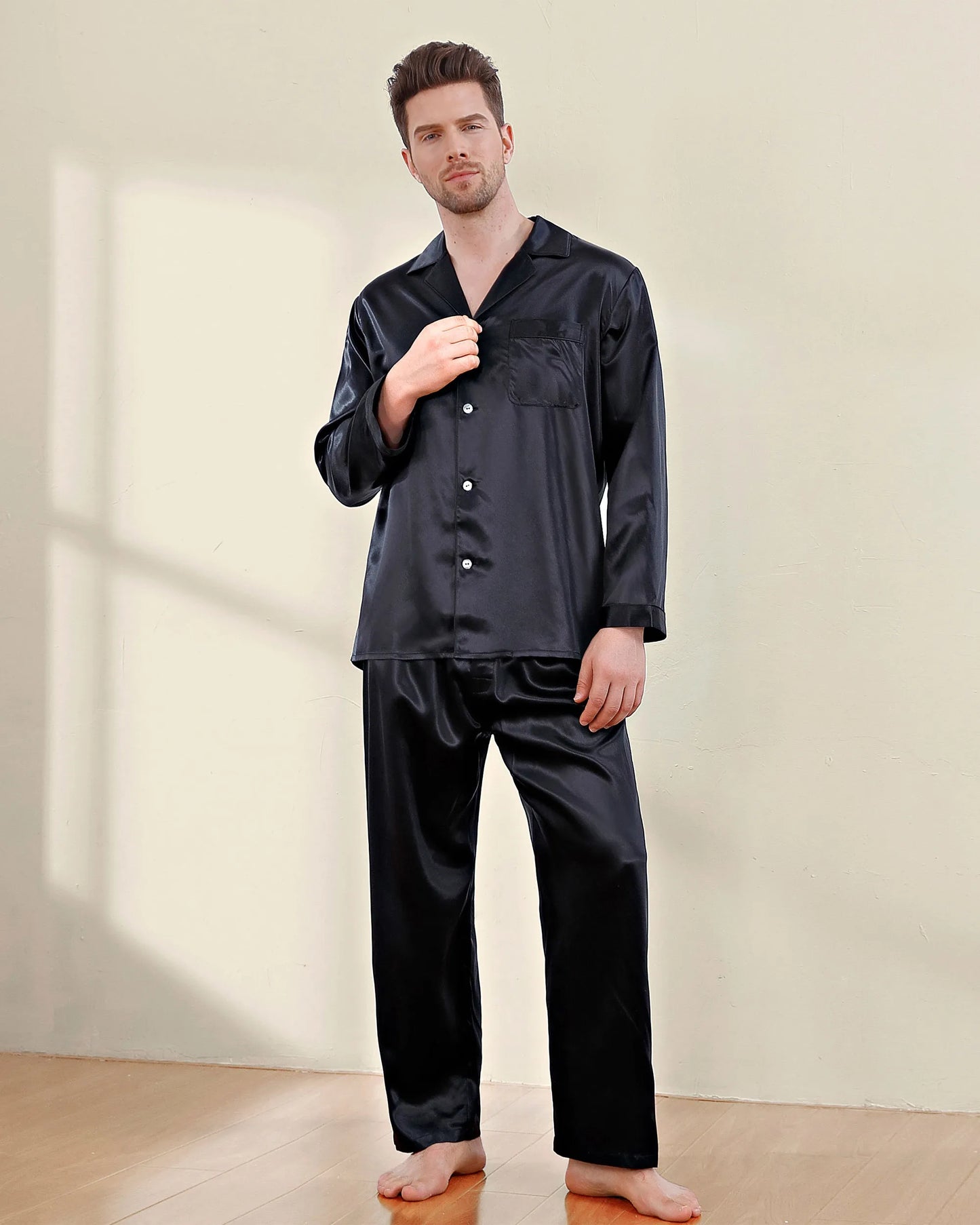 Ensemble de pyjama en soie lavable pour hommes Noir S